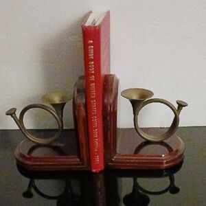 Cherry Wood & Brass Horn Bookends